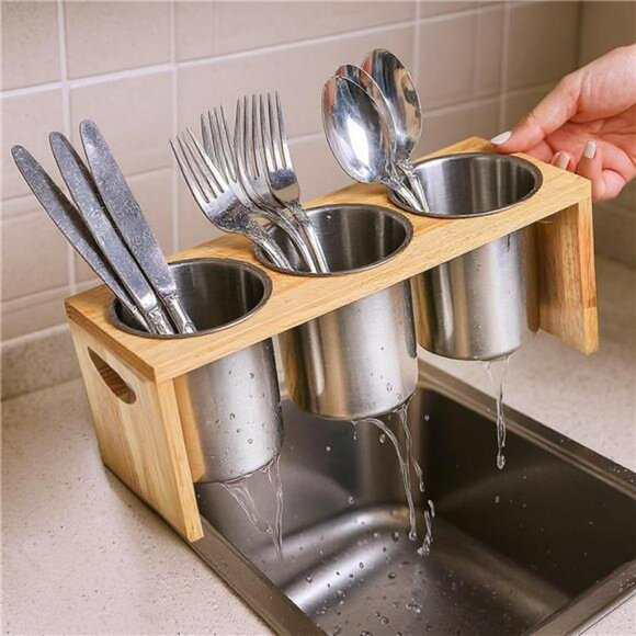 Stainless Steel Silverware Holder Utensil Organizer Flatware Caddy with Tray - Picture 7 of 8